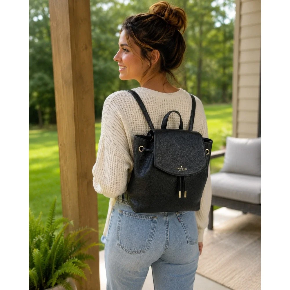Kate Spade NY Mulberry Street Breezy Black Pebbled Leather Designer Backpack